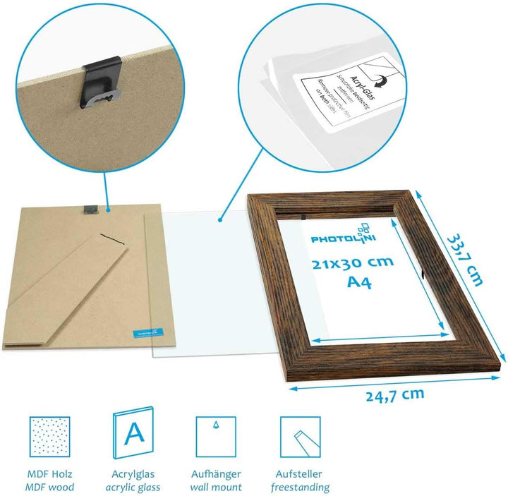 PHOTOLINI dunkle Eiche Bilderrahmen Set Holz MDF, Fotorahmen Set, 10er Bilderrahmenset Wand Collage,