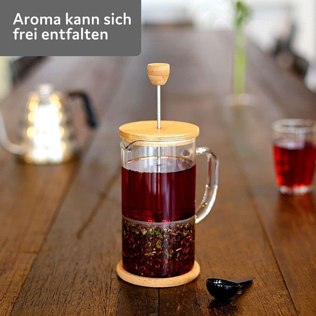 Buntfink French Press 1 Liter Glas – Kaffeebereiter mit Edelstahl-Filter &amp; Bambus-Deckel – mit je 2