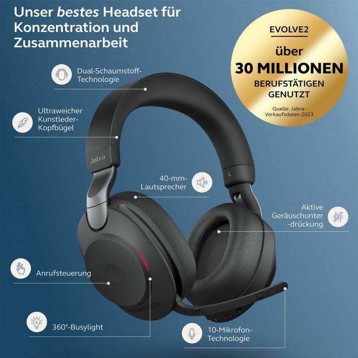 Jabra Evolve2 85 Wireless PC Headset – Noise Cancelling Microsoft Teams Certified Stereo Headphones