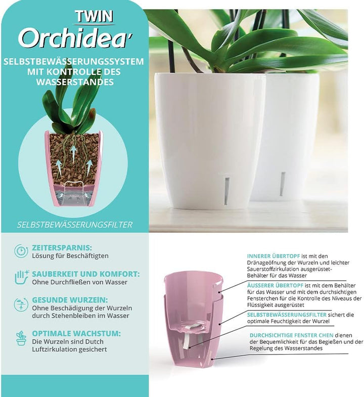 Santino 6er-Set Orchideentopf D 15cm. Selbstbewässernder Topf mit Dochtsystem und Wasserstandsanzeig