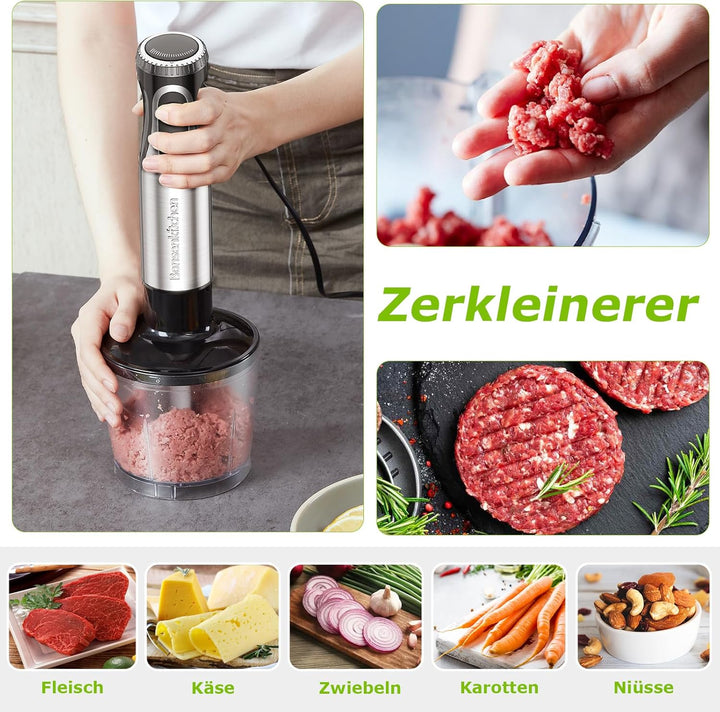 Bonsenkitchen Stabmixer 4-in-1, 1000W Elektrischer Pürierstab mit stufenloser Geschwindigkeitsregelu