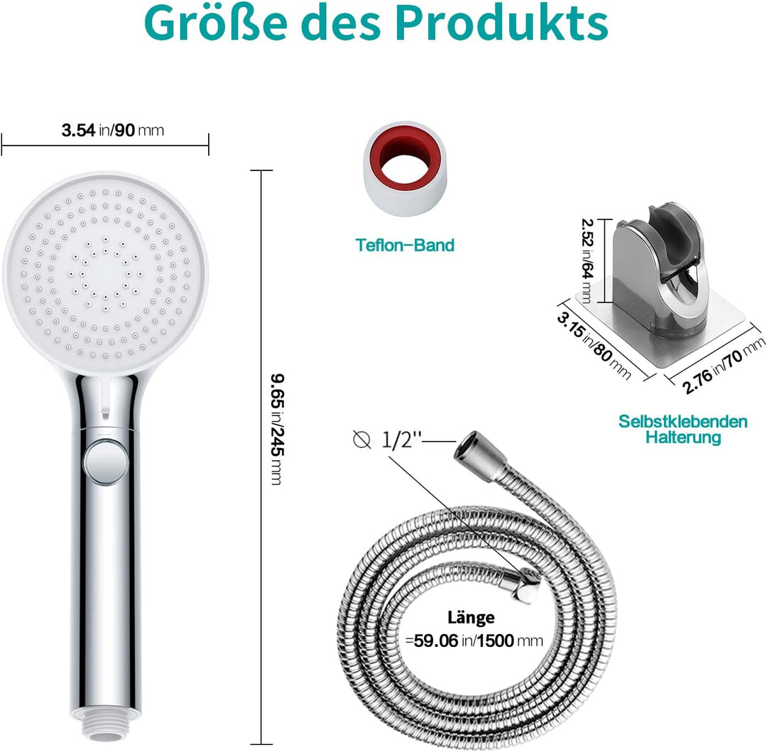 MIAOHUI Chrom Duschkopf Druckerhöhend, Handbrause mit 3 Strahlarten, Duschschlauch mit Duschkopf, wa