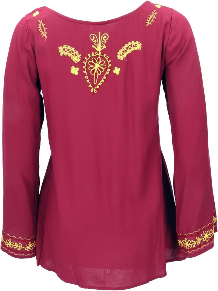 GURU SHOP Bestickte Elfenbluse, Boho Damenbluse 38 Weinrot, 38 Weinrot