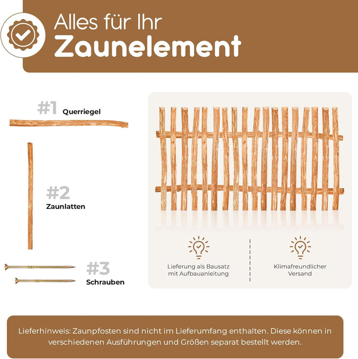 BooGardi Zaunelement Haselnuss · 144 Grössen · 50 x 90 cm (3-4 cm) · Staketenzaun Bausatz für Latten