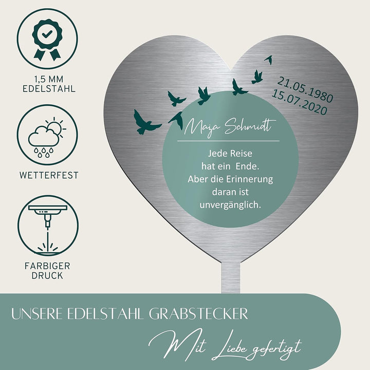 Edelstahl Grabstecker - Blumenstecker Herz Form | Personalisierte Grabdekoration Grabschmuck wetterf