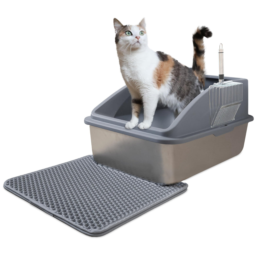 Edelstahl-Katzentoilette mit Deckel antibakterielles Katzenklo aus Metall mit Spritzschutz Katzenklo