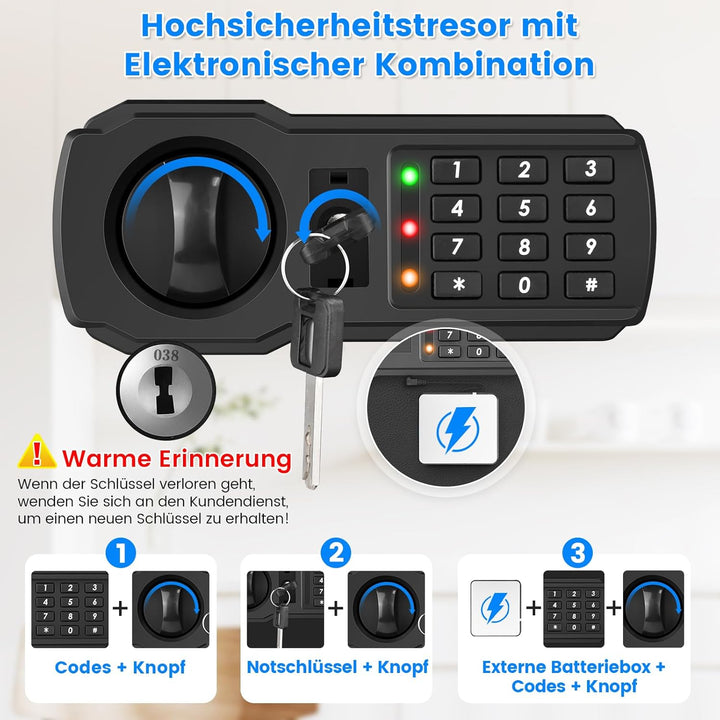 65L Grosser Feuerfester Tresor Safe mit Feuersichere Dokumententasche, Digitaler Möbeltresore mit 2
