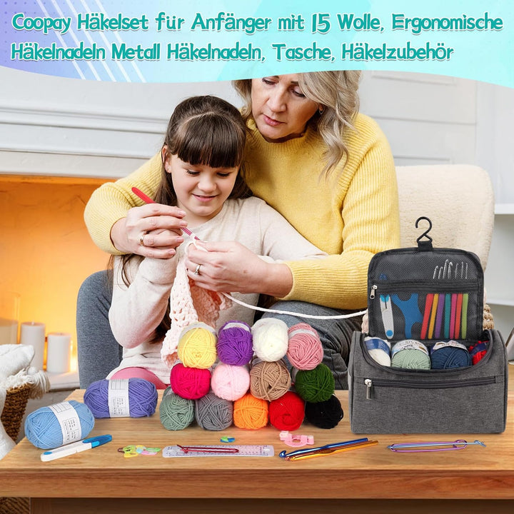 Coopay 73 Stück Häkelset für Anfänger, Tragbar Häkelnadel Set mit 15 Wolle, Tasche, Häkelzubehör, 2,