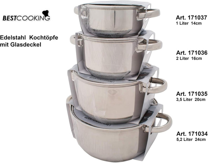 BESTCOOKING Kochtopf Edelstahl mit Glasdeckel 2 L 16 cm Topf Kochen
