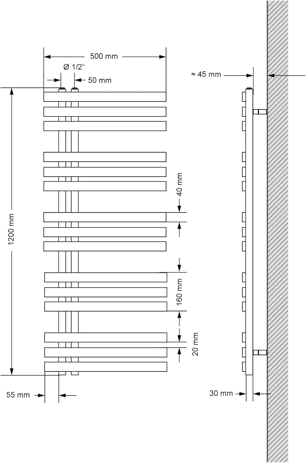 ECD Germany Iron EM Design Badheizkörper Elektrisch 900W - 500 x 1200 mm - Weiss - Heizkörper Handtu