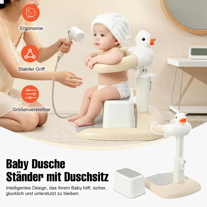 Baby Dusche Ständer, Einstellbarer Badewannenständer mit Duschsitz &amp; AntiRutsch-Basis, Tragbarer Bab