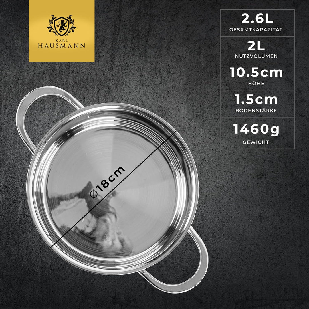 KARL HAUSMANN Edelstahl Kochtopf Induktion - 2.6L - Ø 18 cm - Topf für alle Herdarten Geeignet - 18/