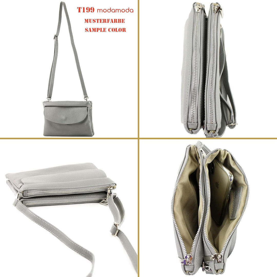 modamoda de - T199 - ital. Umhängetasche Clutch Leder Klein Graugrün, Graugrün
