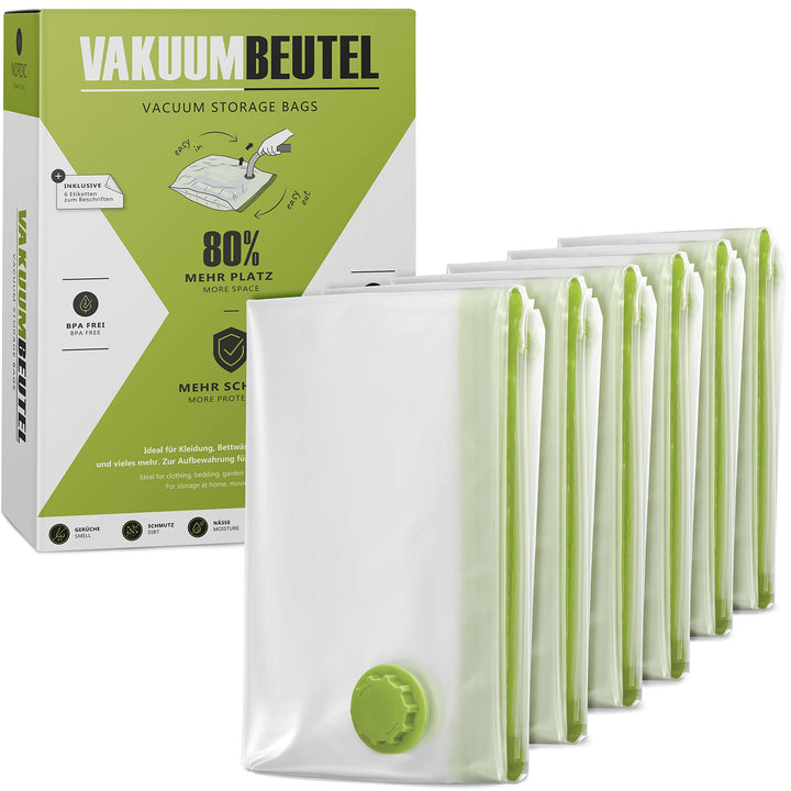 NORDIC® - Vakuumbeutel für Kleidung - 6x Grösse XL (100x80cm) - BPA Frei - Inkl. Etiketten - Vakuum