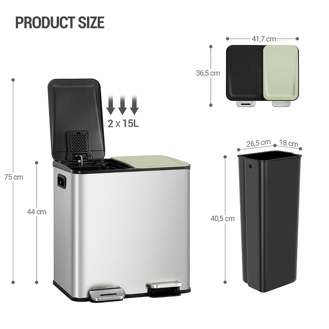 Hzuaneri Mülleimer Küche, 2 x 15 L, Mülltrennsystem 2 Fächer, Mülleimer mit Farbigem Soft-Close-Deck