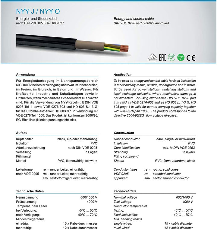 OKSI 50m NYY-J 5x2,5 mm² Erdkabel Elektrokabel Beton und Freien Kupfer Made in Germany, 50m NYY-J 5x