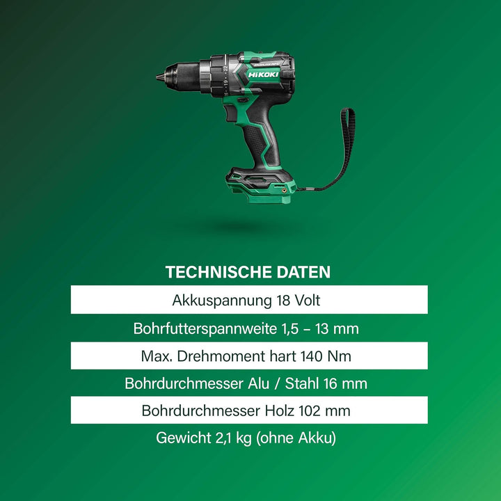 HIKOKI Akku Bohrschrauber DS18DCWPZ, Bohrfutterweite: 1,5-13 mm (18V, 5,0 Ah Li-ion Akku, Max. Festd