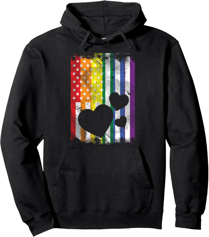 US American Flag Hearts LGBTQ Rainbow Flag Gay Pride Ally Pullover Hoodie