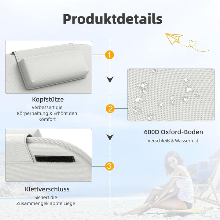 2er Set Strandmatte Klappbar mit Rückenlehne 165cm, 5-Stufige Verstellbarer Strandliege Klappbar Lei