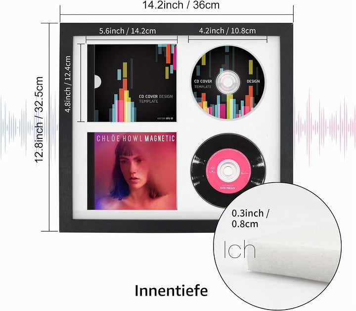 Doppel-CD Musikrahmen Schaukasten Display 36x32,5 cm Disc und CD Box Echtglas mit Eva Schaum und Tis