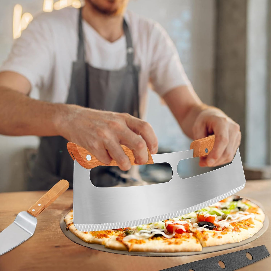 Pizzaschneider Gross - Profi Pizzamesser (Pizza Cutter) aus Edelstahl 35cm mit Holzgriff & Klingensc