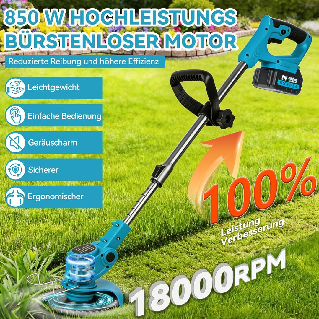 Rasentrimmer mit Akku 21V, Rasentrimmer Elektrisch mit 2X 3.0Ah Akkus und 4 Messertypen, Geräuschpeg