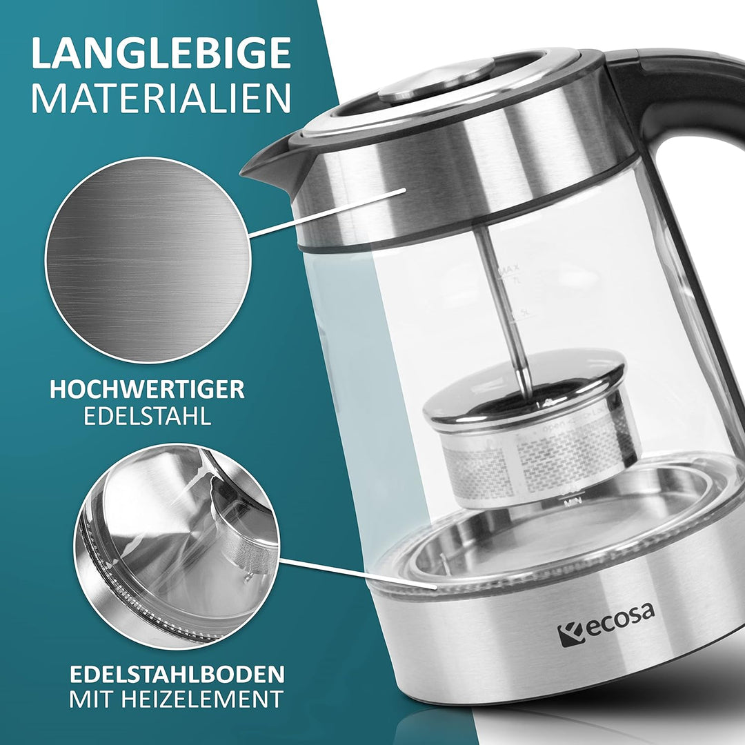 Glas Wasserkocher mit Teesieb und Kalkfilter | 1,7 Liter | Temperatureinstellung 40°C-100°C | 2200 W