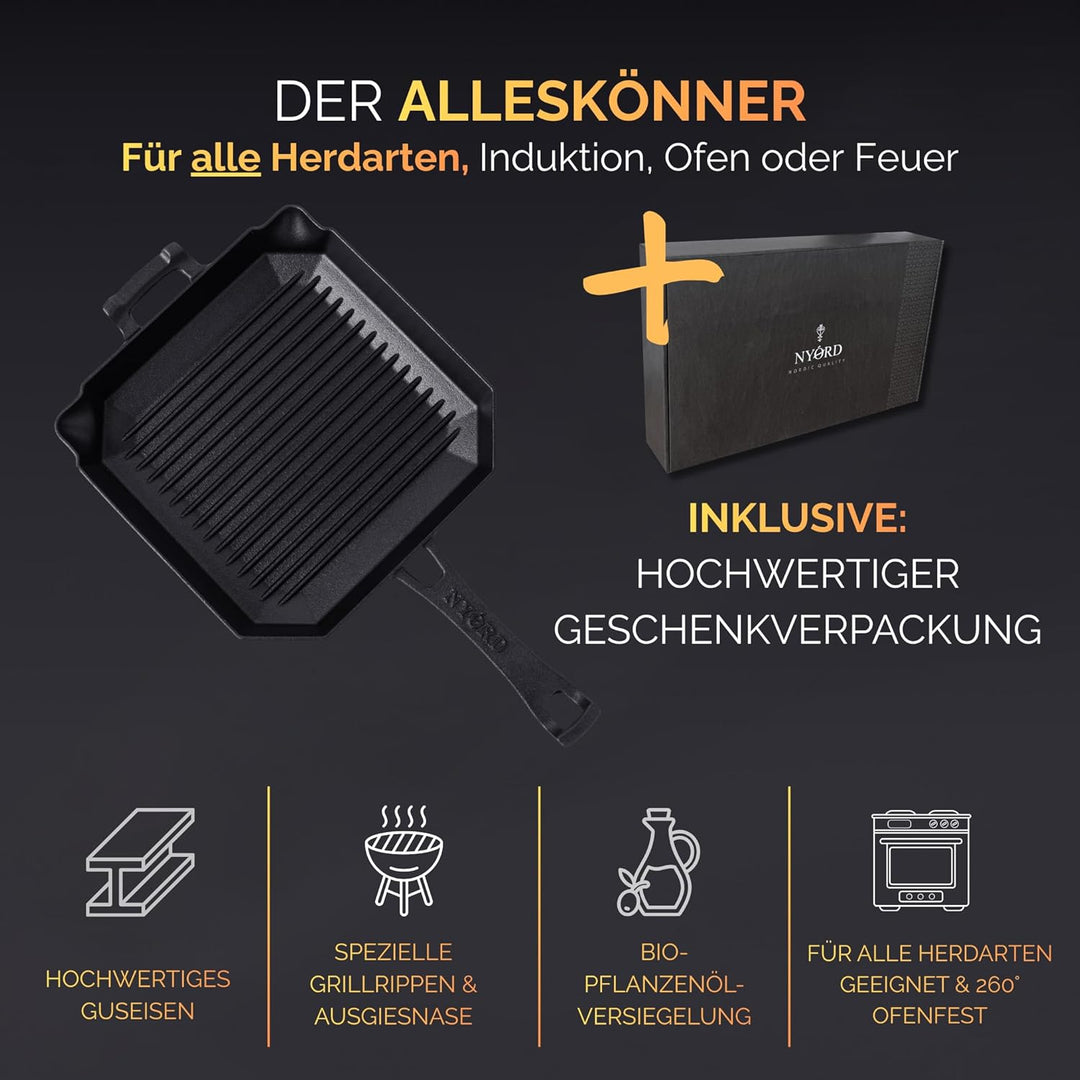 NYORD Gusseisenpfanne mit Grillrillen [TESTSIEGER] | Cast Iron BBQ Grillpfanne | Steakpfanne aus Gus