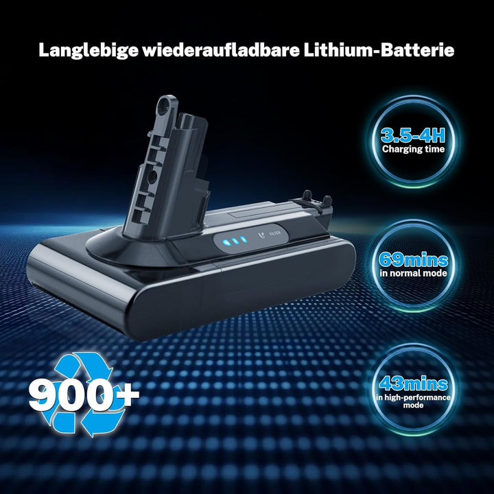 7200mAh, Akku für Dyson V10 Cyclone/Animal/Absolute/Fluffy/Motorhead SV12 kabellos Ladegerät Handsta