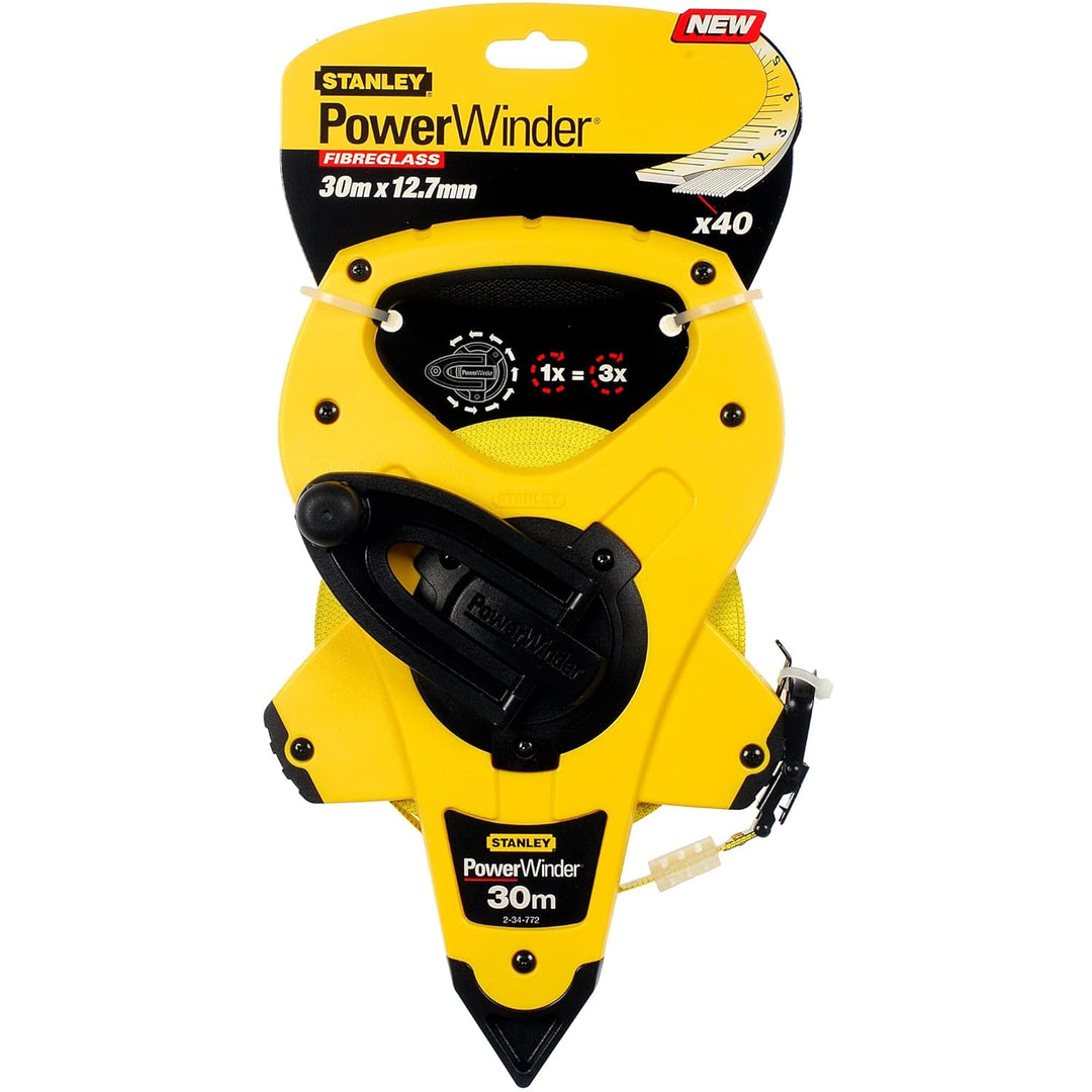 Stanley Rahmenbandmass Power Winder Fiberglas (30 m Länge,ergonomisch, Genauigkeitsklasse III) 2-34-