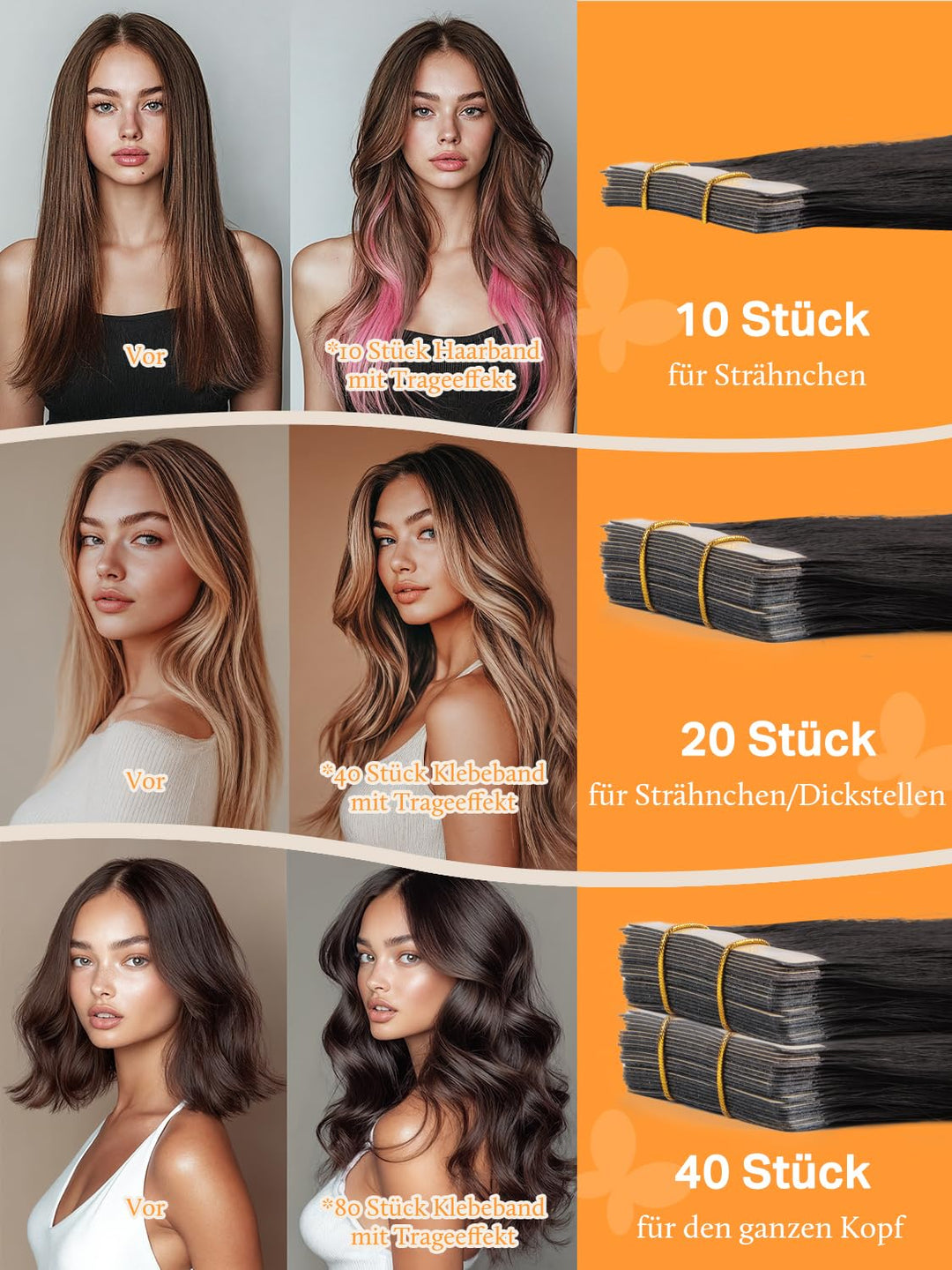 DOORES Extensions Echthaar Tape in, Tief Schwarz 55cm (22zoll) 50g 20pcs, Remy Haarextension Tape in