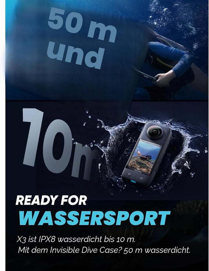 Insta360 X3 Unsichtbares Tauch-Bundle - Wasserdichte 360°Actionkamera mit 1/2"-Sensor, 5,7K 360°, 72