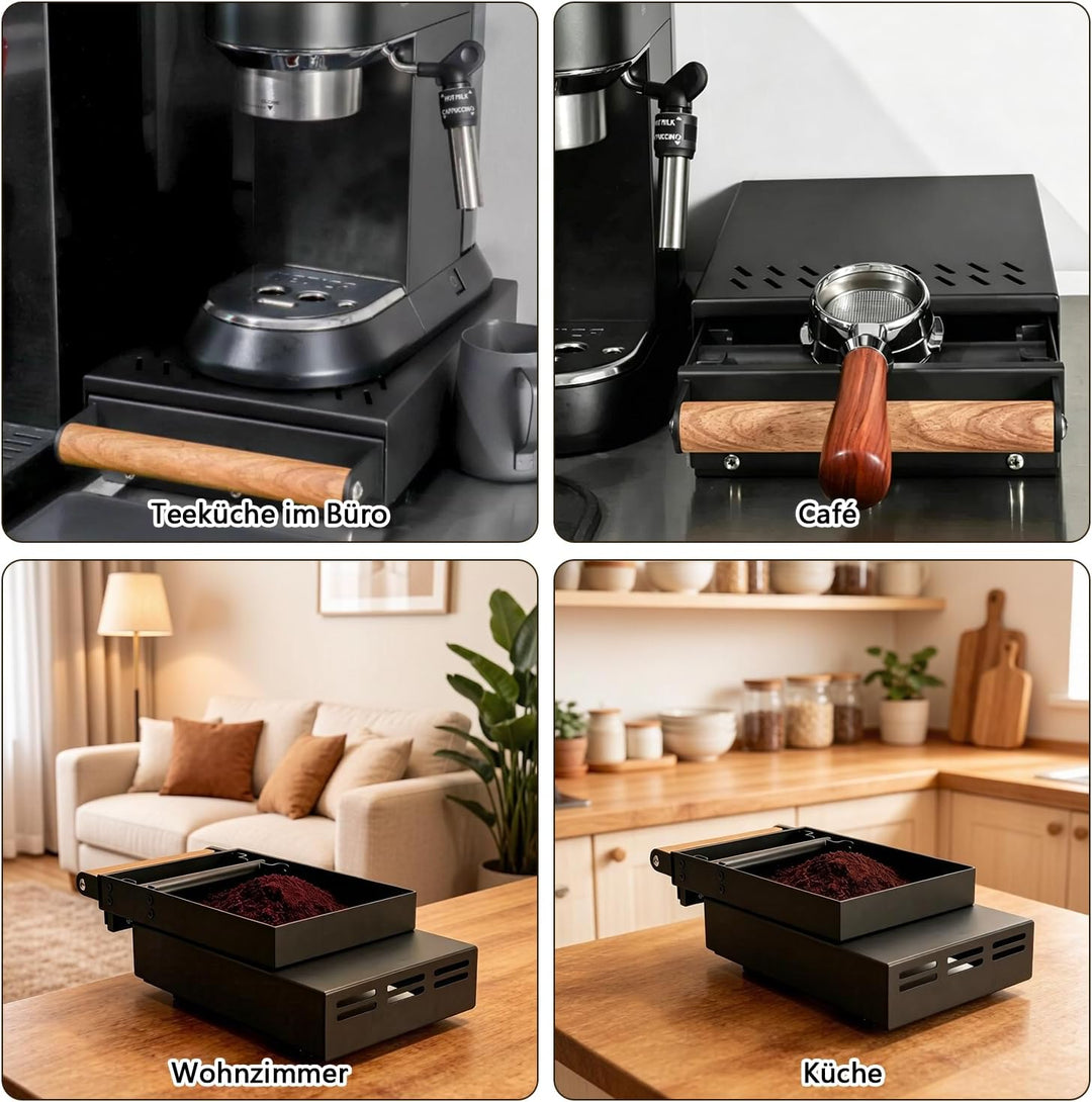 Sudschublade, Abklopfschublade für Siebträger mit Echtholzgriff, Knockbox aus Edelstahl mit Rutschfe