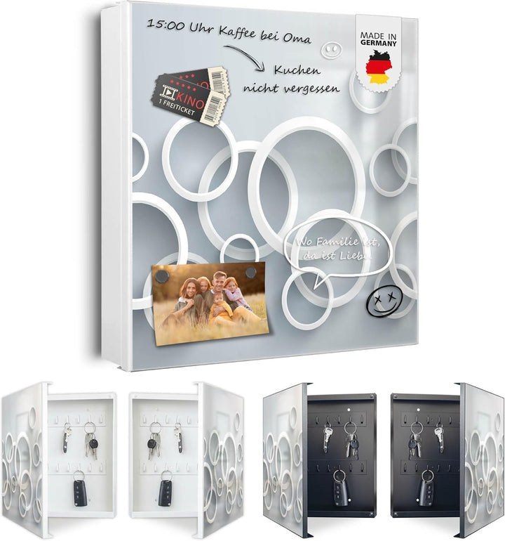 banjado® Grosser Schlüsselkasten Glas/Schlüsselbox 30cm x 30cm mit 50 Haken - Motiv Weisse Ringe/Sch