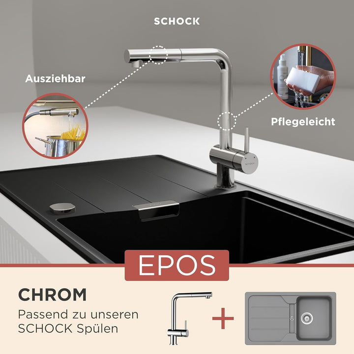 SCHOCK Küchenarmatur Epos Chrom – Hochdruck Armatur mit ausziehbarer Schlauchbrause Schlauchbrause C