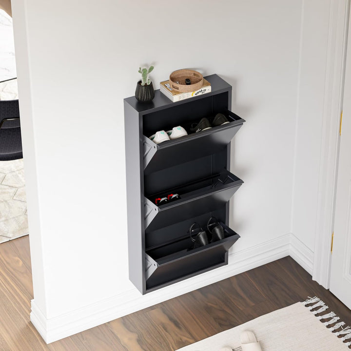 [en.casa] Schuhschrank Sokndal Schuhkipper mit 3 Klappen Metall Schuhkommode für 6 Paar Schuhe 104 x