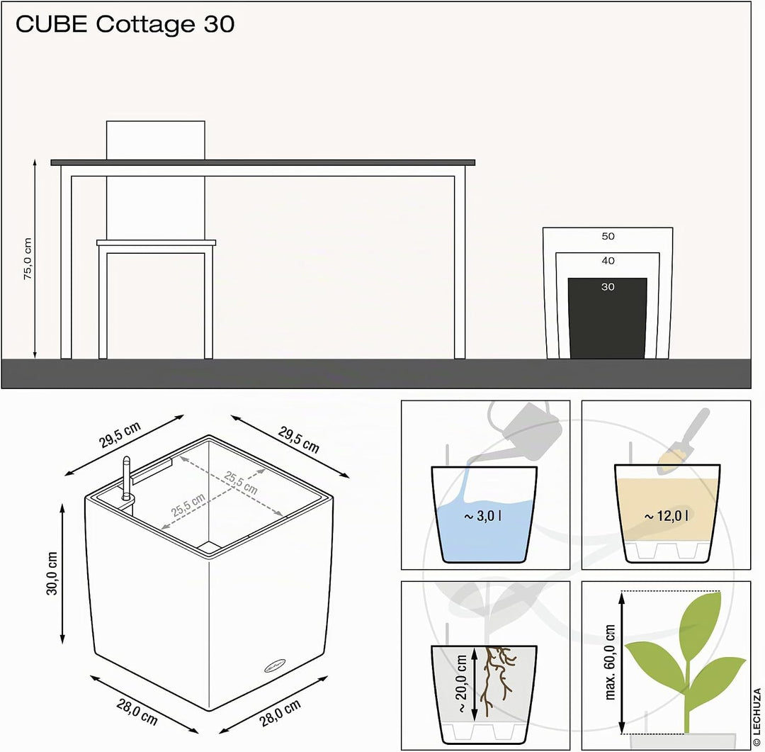 Lechuza Cube Cottage 30 Komplettset sandbraun Pflanzgefäss mit Erd-Bewässerungs-System 29.5 x 29.5 x