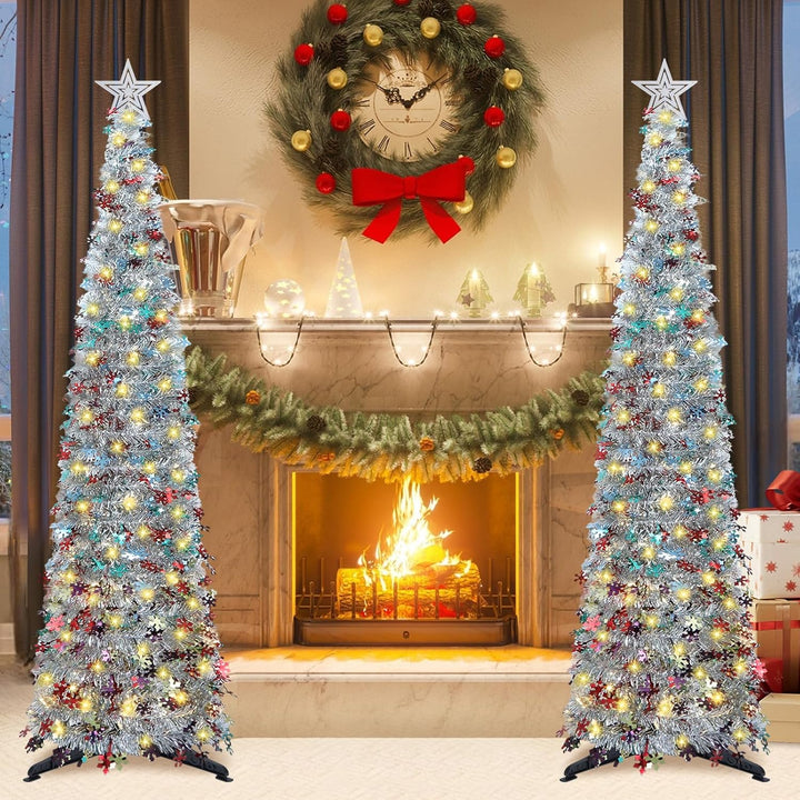HMASYO 180 cm Pop-Up Lametta Weihnachtsbaum mit 100 Timer-Lichter und Fernbedienung, Zusammenklappba