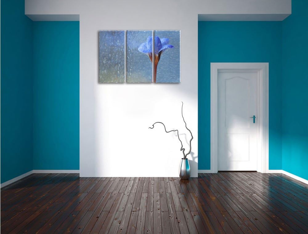 Pixxprint Blaue Frühlingsblume mit Tautropfen Kunst Buntstift Effekt 3-Teiler Leinwandbild 120x80 Bi