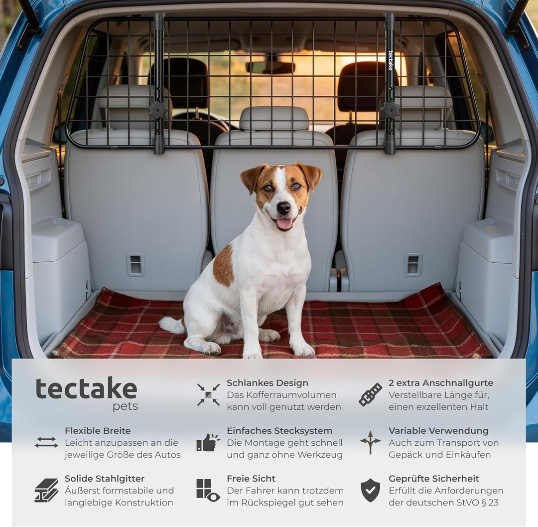 tectake® Hundegitter Auto, universal Hundeschutzgitter mit Variabler Breite, mobiler Kofferraumschut