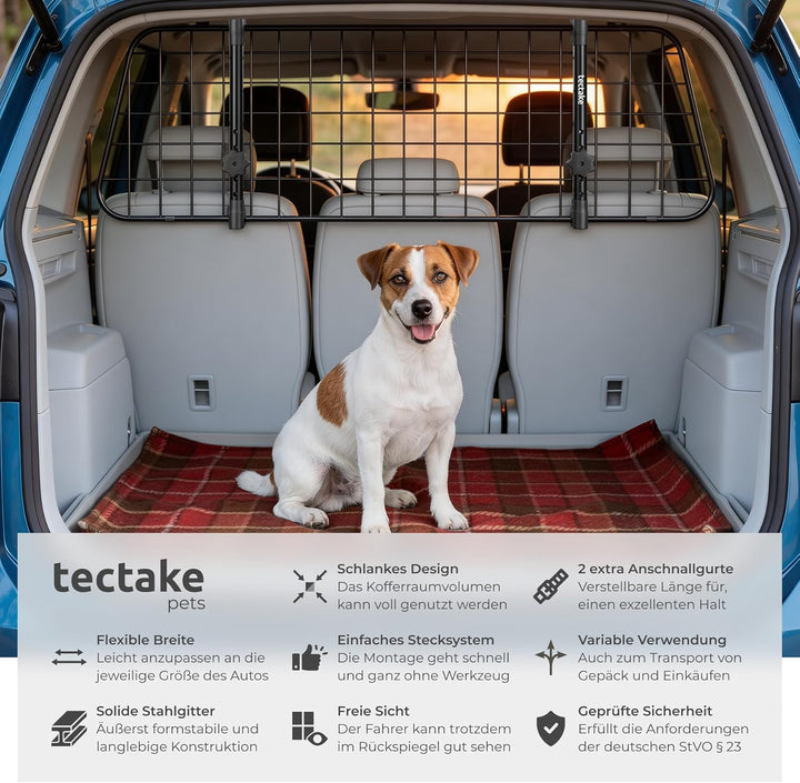 tectake® Hundegitter Auto, universal Hundeschutzgitter mit Variabler Breite, mobiler Kofferraumschut
