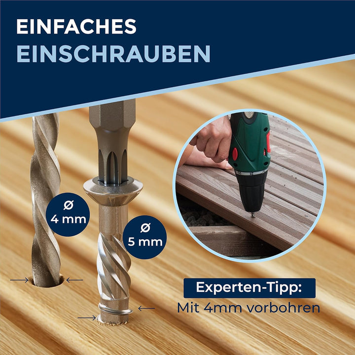 1000 Stück Terrassenschrauben 5 x 80 mm lang | PERFEKT für 35 mm Terrassendielen | rostfreier gehärt