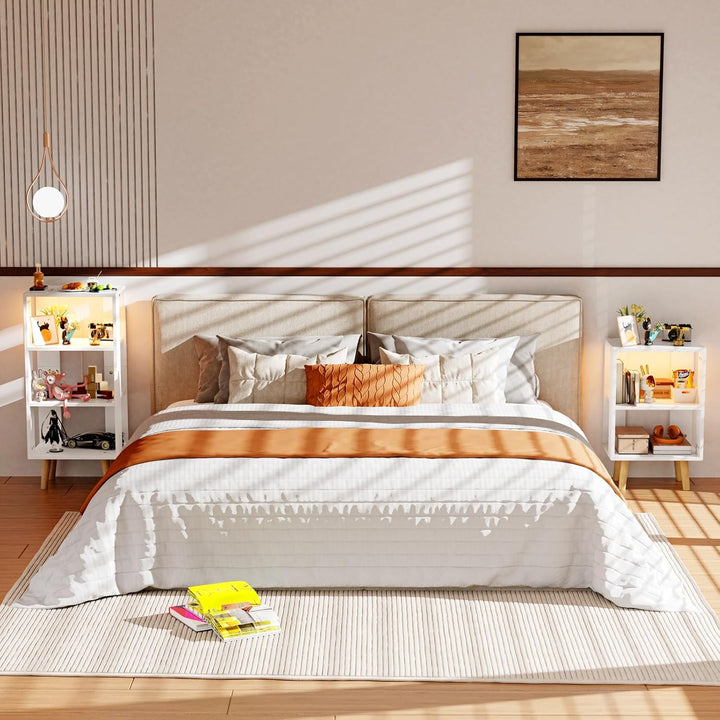 Nachttisch mit LED-Leuchten und Ladestation, Beistelltisch mit 3 Offenes Regalen, Nachtschrank mit U
