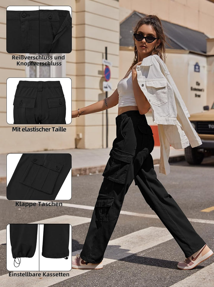 Fuakesor Cargohose Damen Baggy Y2K Multi Taschen High Waist Stretch Wanderhose Sport Jogginghose mit