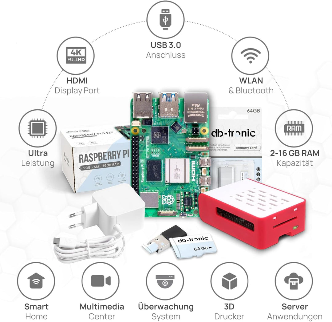 db-tronic Cooler-Kit für Raspberry Pi 5 4GB | 64GB Edition | Netzteil 27W | Airflow Gehäuse | Active