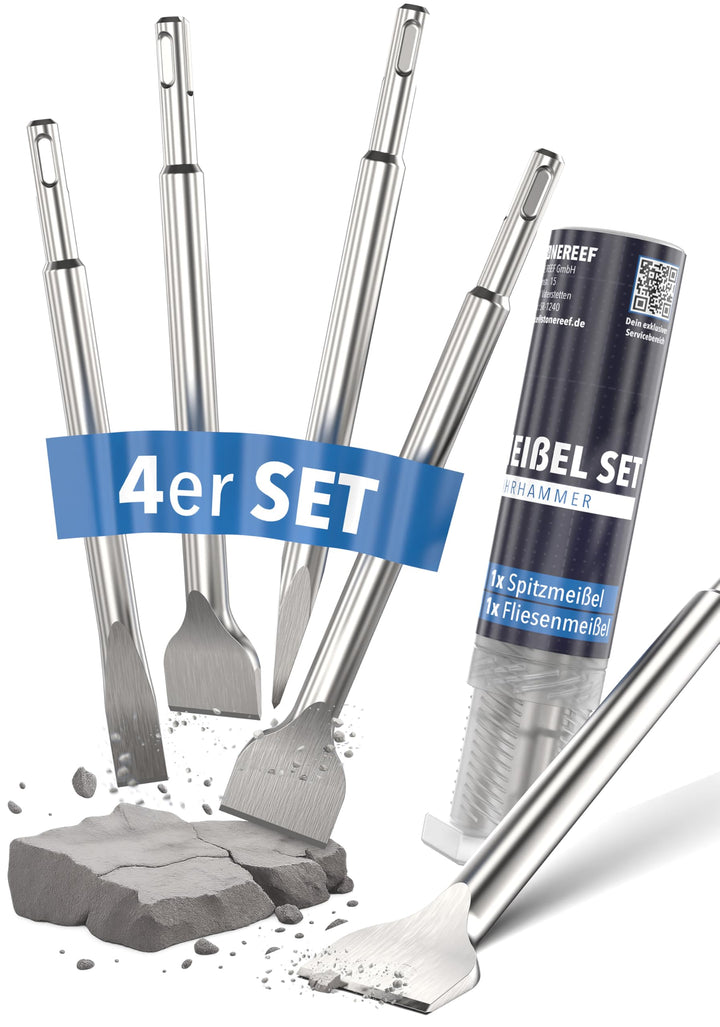 STONE REEF SDS Plus Meissel Set [4-teilig inkl. Fliesenmeissel], Sds Meissel, Meisel, Flachmeissel,