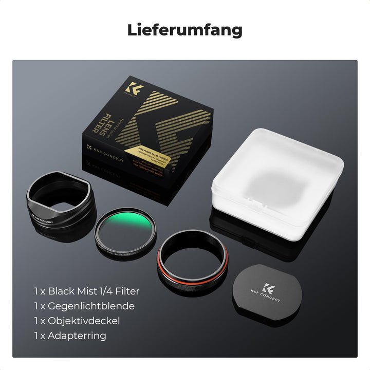 K&amp;F CONCEPT Black Mist 1/4 Filter mit Gegenlichtblende,Objektivdeckel Kompatibel mit Fujifilm Kamera