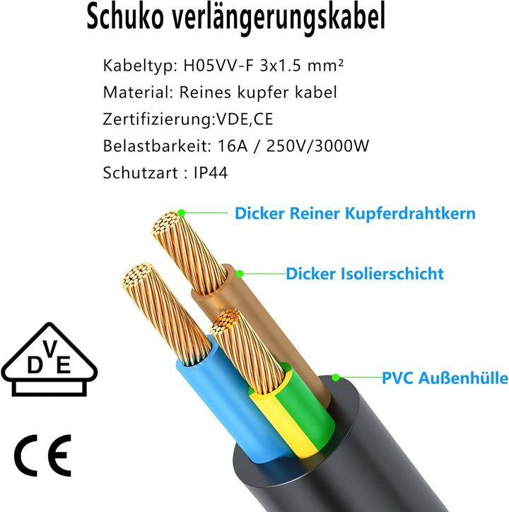 2 auf 1 Kurz Schuko Verlängerungskabel, Kurz Schuko Doppelstecker Kabel,Verlängerungskabel Outdoor m