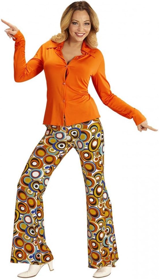 70er Jahre Retro Damen Bluse mit und ohne Muster Disco Kostüm Siebziger Oberteil Shirt L-XL Orange,