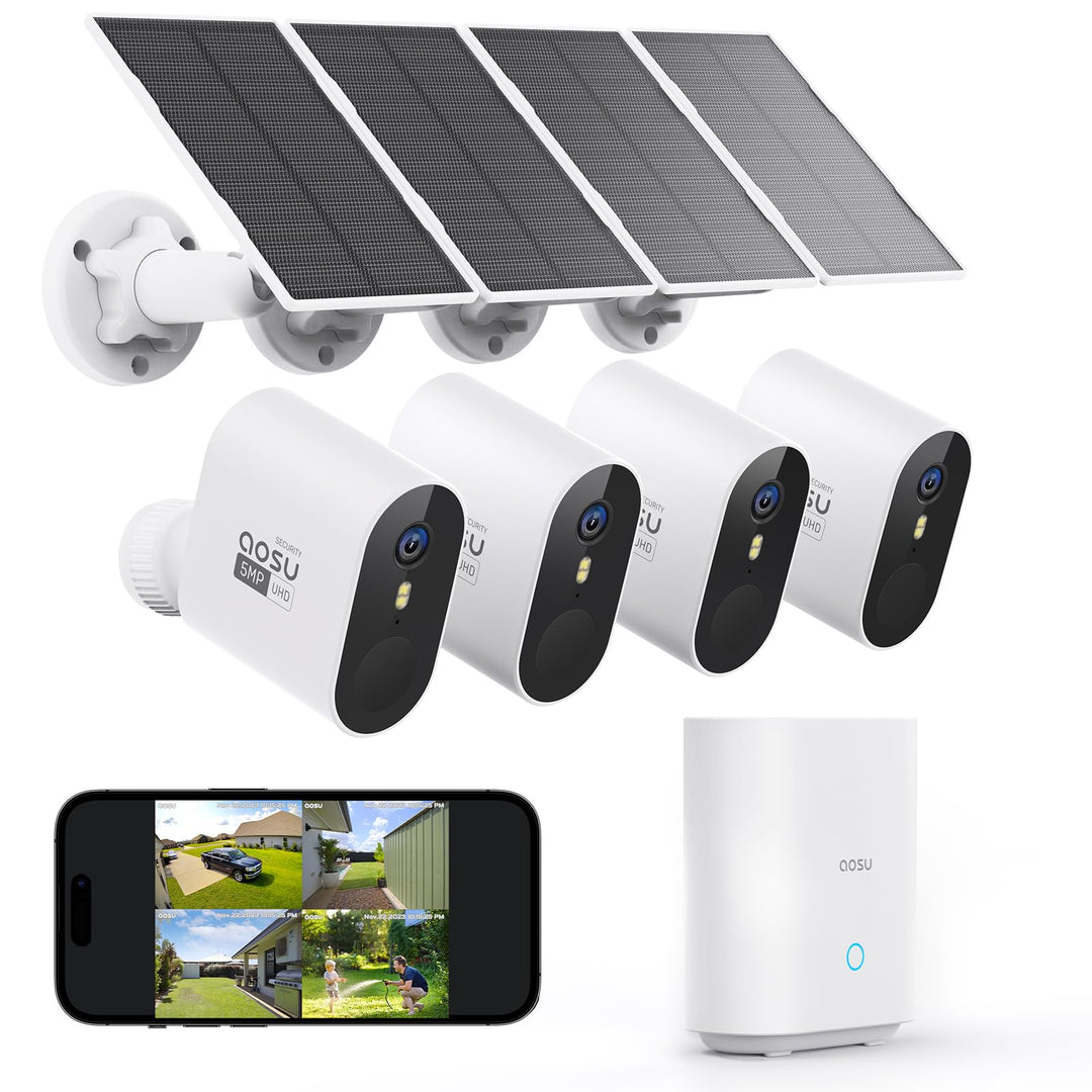 aosu 3K 5MP UHD Überwachungskamera Aussen Solar Akku 4 Cam Kit mit aosuBase 32GB Lokal Speicher Kein